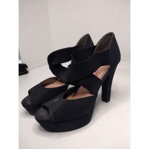 Pink & Pepper Womens Black Platform Peep Toe Elastic Strap Block Heels Size 7.5